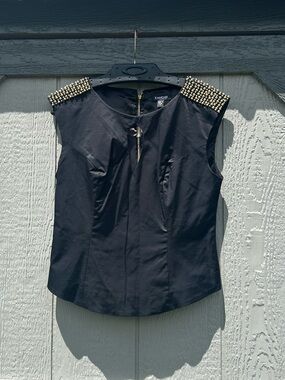 Bebe Black Sleeveless Blouse with Gold Studded Shoulders & Keyhole Zip Detail